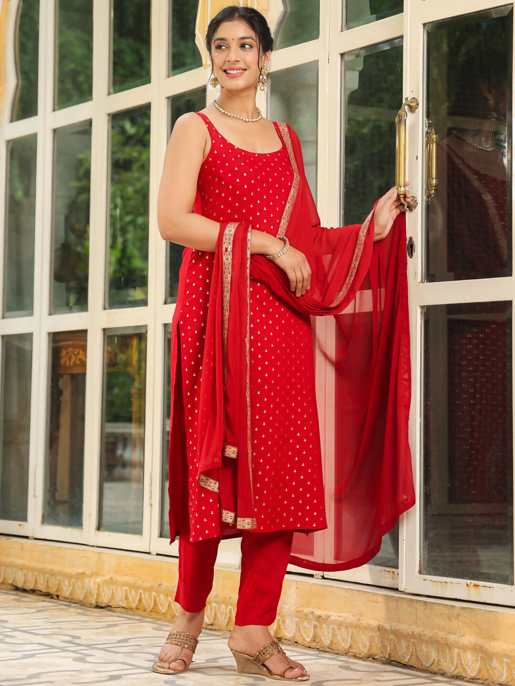 Janasya Maroon Rayon Foil Print Kurta,Bottom & Dupatta | Grocsy