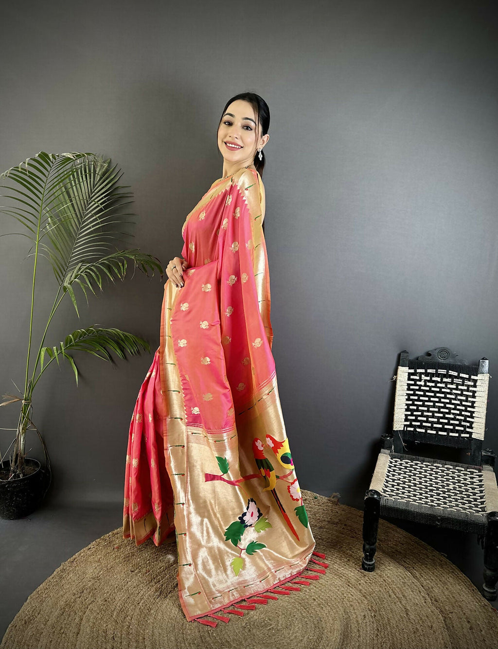 Joban Fashion Peach Peacock & Floral Motifs Soft Silk Kanchipuram Saree | Grocsy