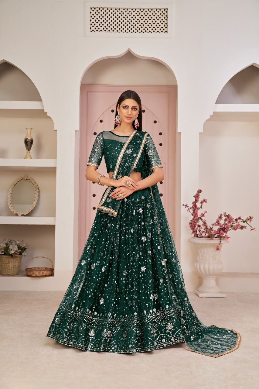 Eilara Women'S Green Butterfly Net Thread With Zari Sandwich Sequence Embroidered Work Lehenga Choli For Festivals | Grocsy