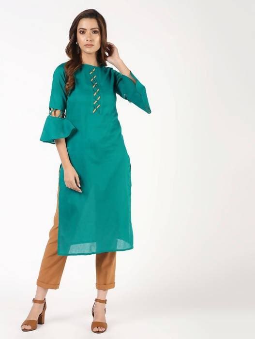 Aniyah Cotton Criss Cross Bell Sleeves Blue Straight Kurta (AN-143K) | Grocsy