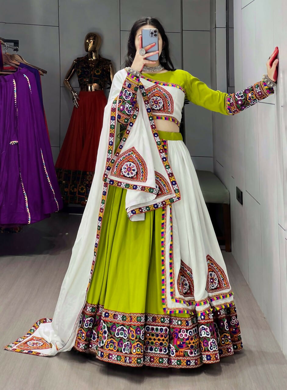 Yash Enterprise Green White Rayon Cotton Embroidery Semi Stitched Navratri Top Chaniya Choli | Grocsy
