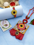 NVR Women & Men Set of 2 Red & Yellow Mirror Work Handcrafted Bhaiya Bhabi Rakhi With Roli Chawal & Chocolate | Grocsy
