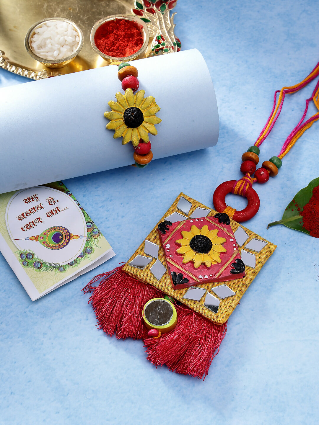 NVR Women & Men Set of 2 Red & Yellow Mirror Work Handcrafted Bhaiya Bhabi Rakhi With Roli Chawal & Chocolate | Grocsy