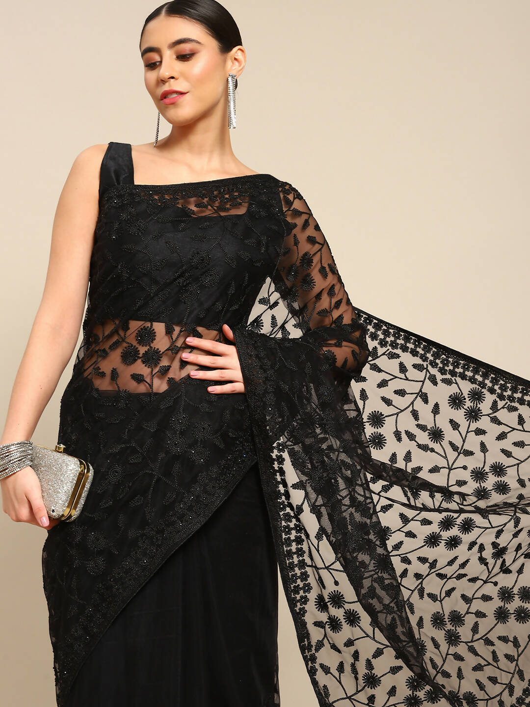Black Woven Design Net Saree with Blouse Piece - Kalamkari | Grocsy
