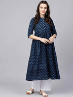 Vamika Navy Blue Printed Cotton Party/Casual Wear Kurta Set/Suit | Grocsy