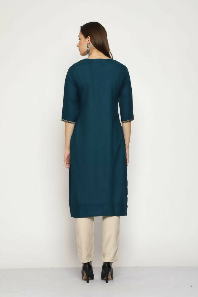 Maai Rayon Hand Printed Kurta Navy | Grocsy