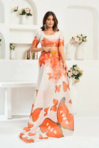 Vastranavya White Orange Digital Printed Linen Ready To Wear Designer Saree with Unstitched Blouse | Grocsy