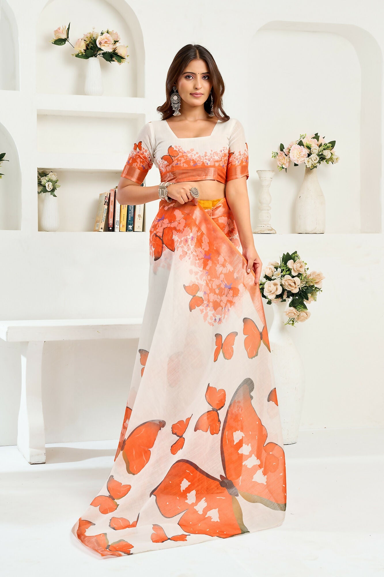 Vastranavya White Orange Digital Printed Linen Ready To Wear Designer Saree with Unstitched Blouse | Grocsy