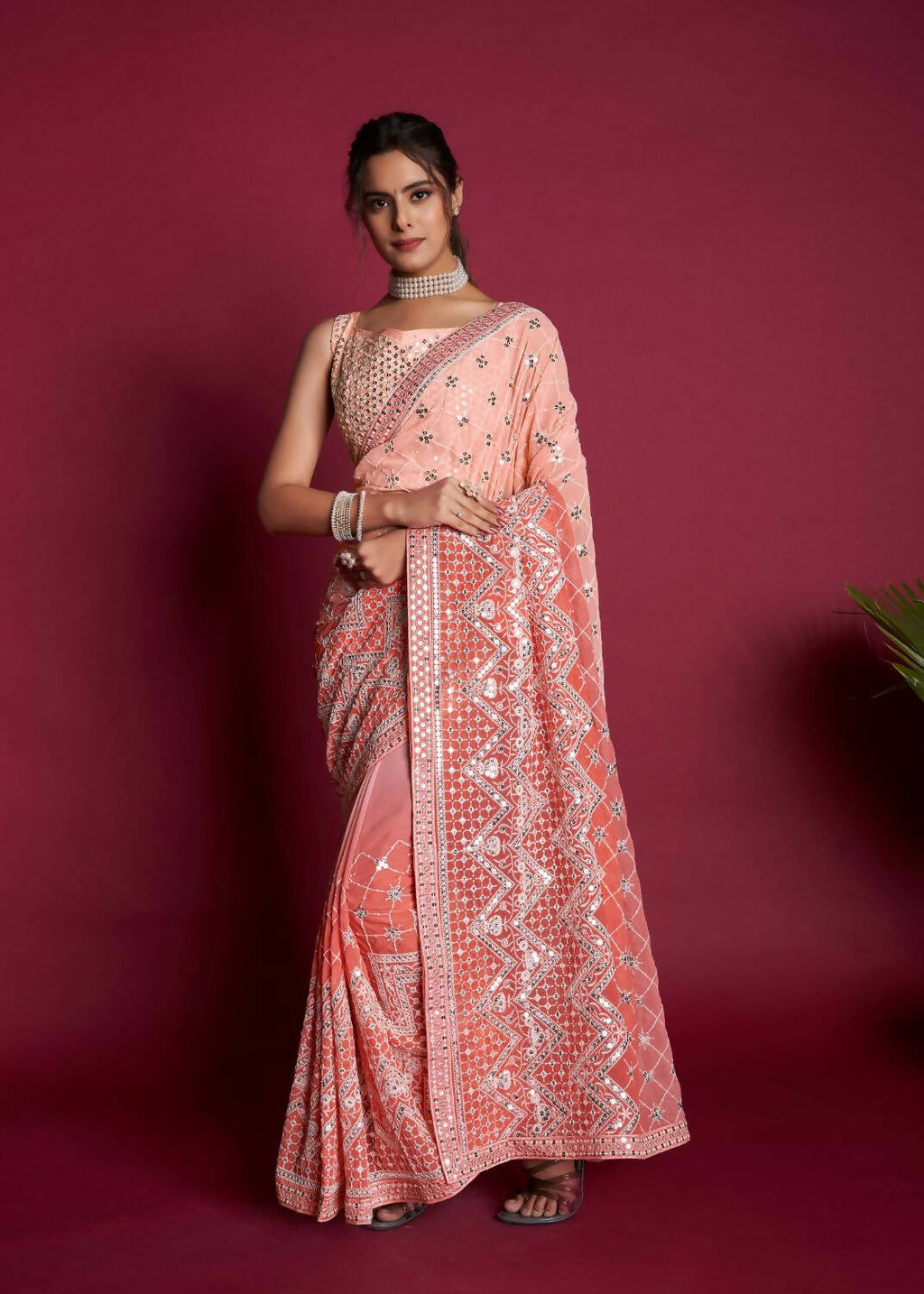 Vamsee Peach & White Georgette Designer Saree | Grocsy