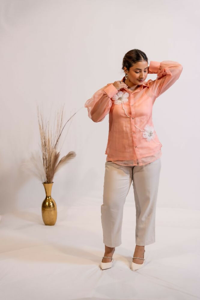 Timaraa Peach Coral Organza Shirt With Hand Embellished 3D Floral Motift | Grocsy