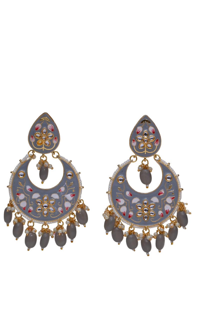 Gold-Polished Brass & Pearl Dangle Women Grey Hand Painted Meenakari Chandbali Earrings By House of Ree - Swadesiicart