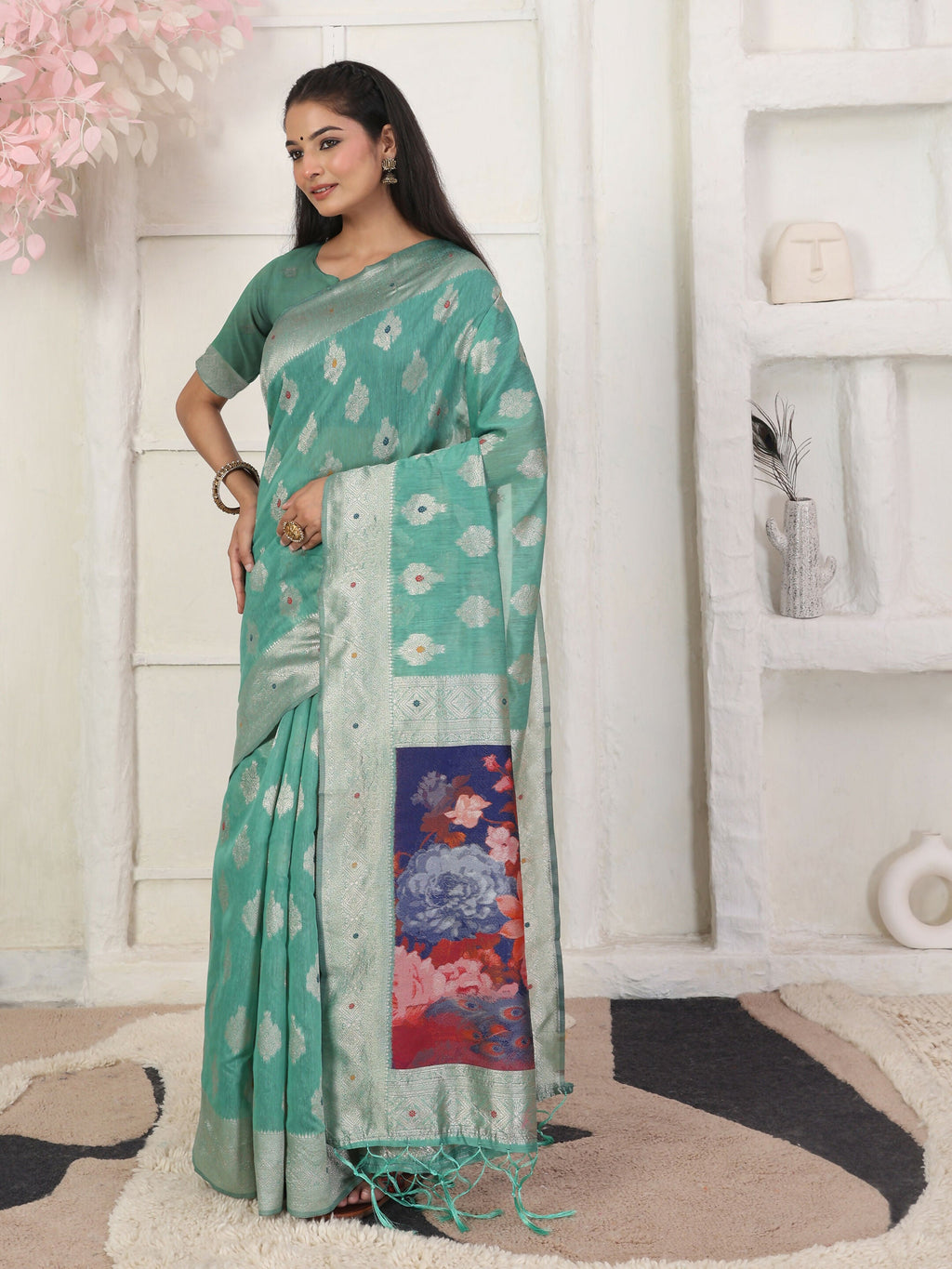 Shree Shyam Fashion Linen Cotton Rama Green Saree | Grocsy