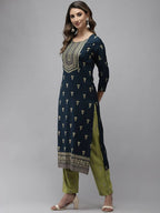 Yufta Women Blue and Green Embroidered Kurta with Trouser and Dupatta Set | Grocsy