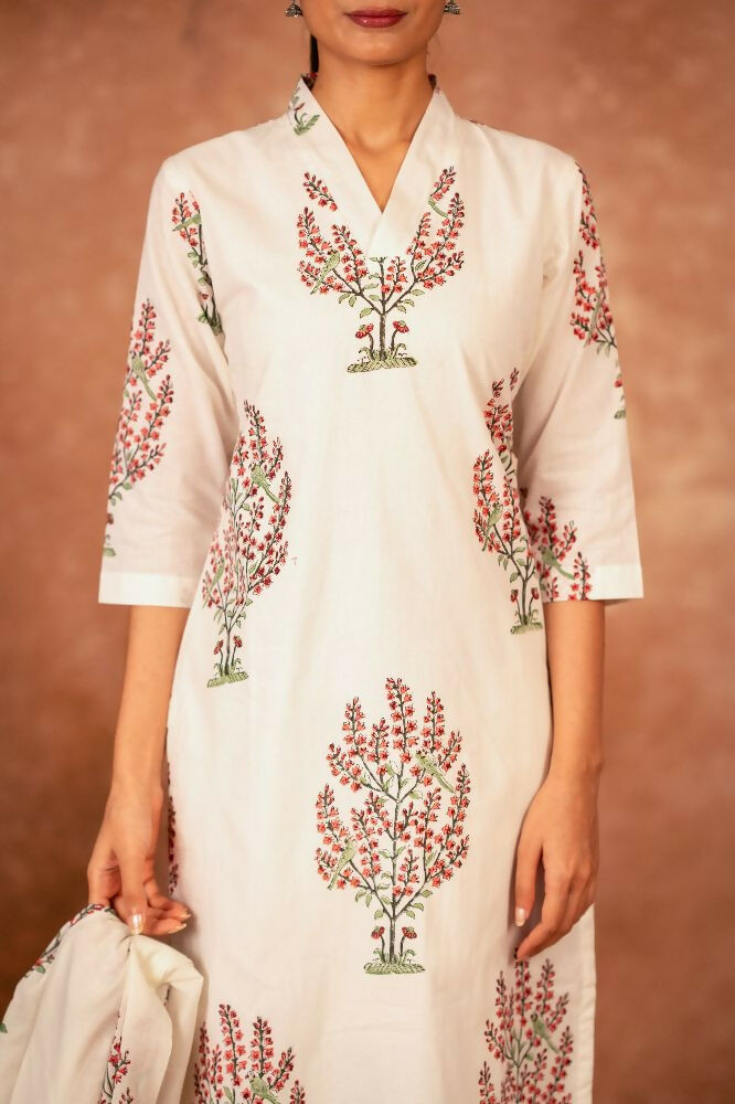 Joban Fashion Off White Pink Hand Block Printed Cotton Suit Set | Grocsy