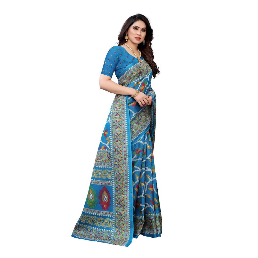 Vamika Printed Jute Silk Blue Saree (Rishika Blue) | Grocsy