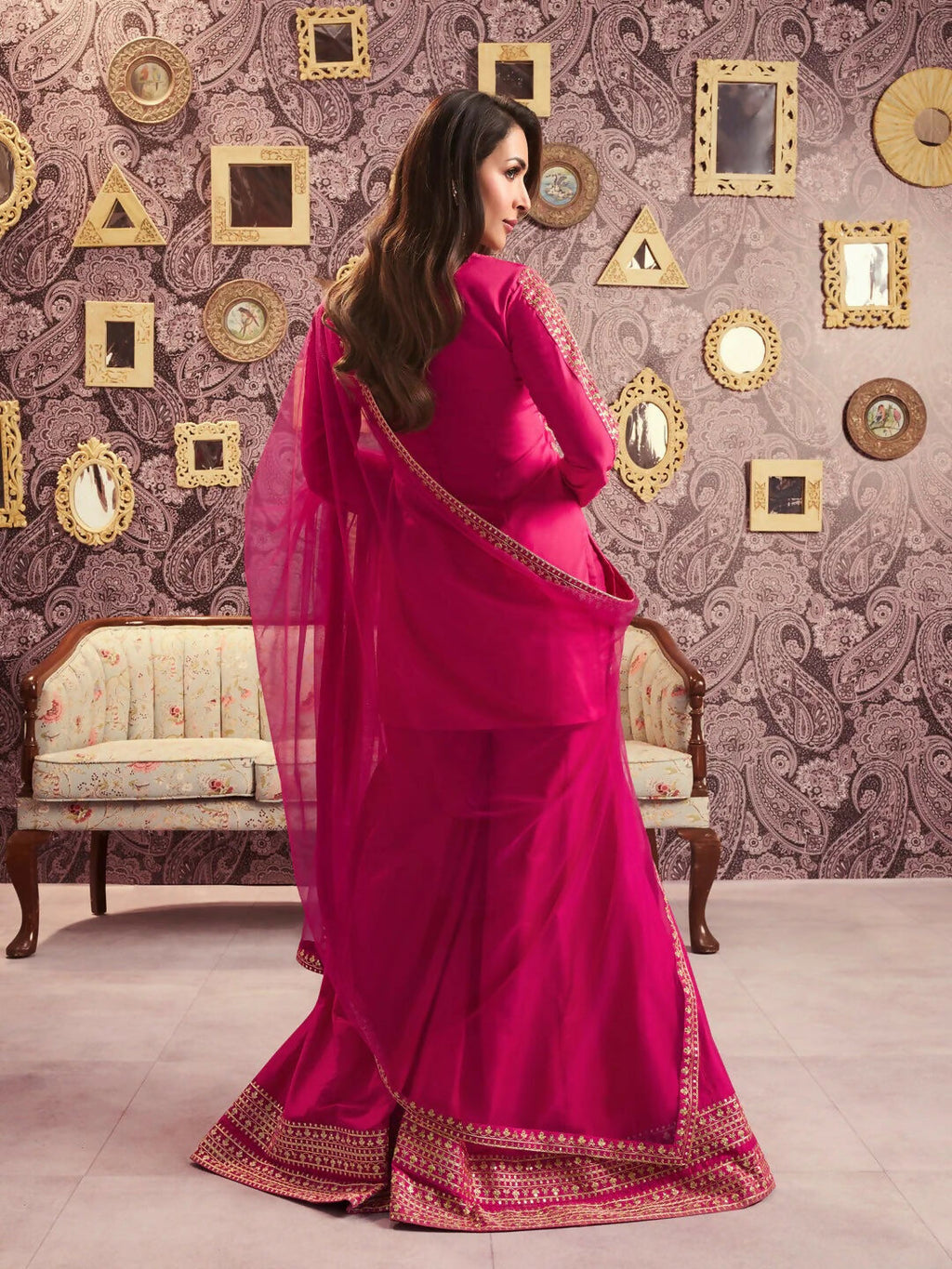The52 Women's Beautiful Embroidery Work Chanderi Silk Fabric Straight Kurta Palazzo and Dupatta Set-Rani | Grocsy