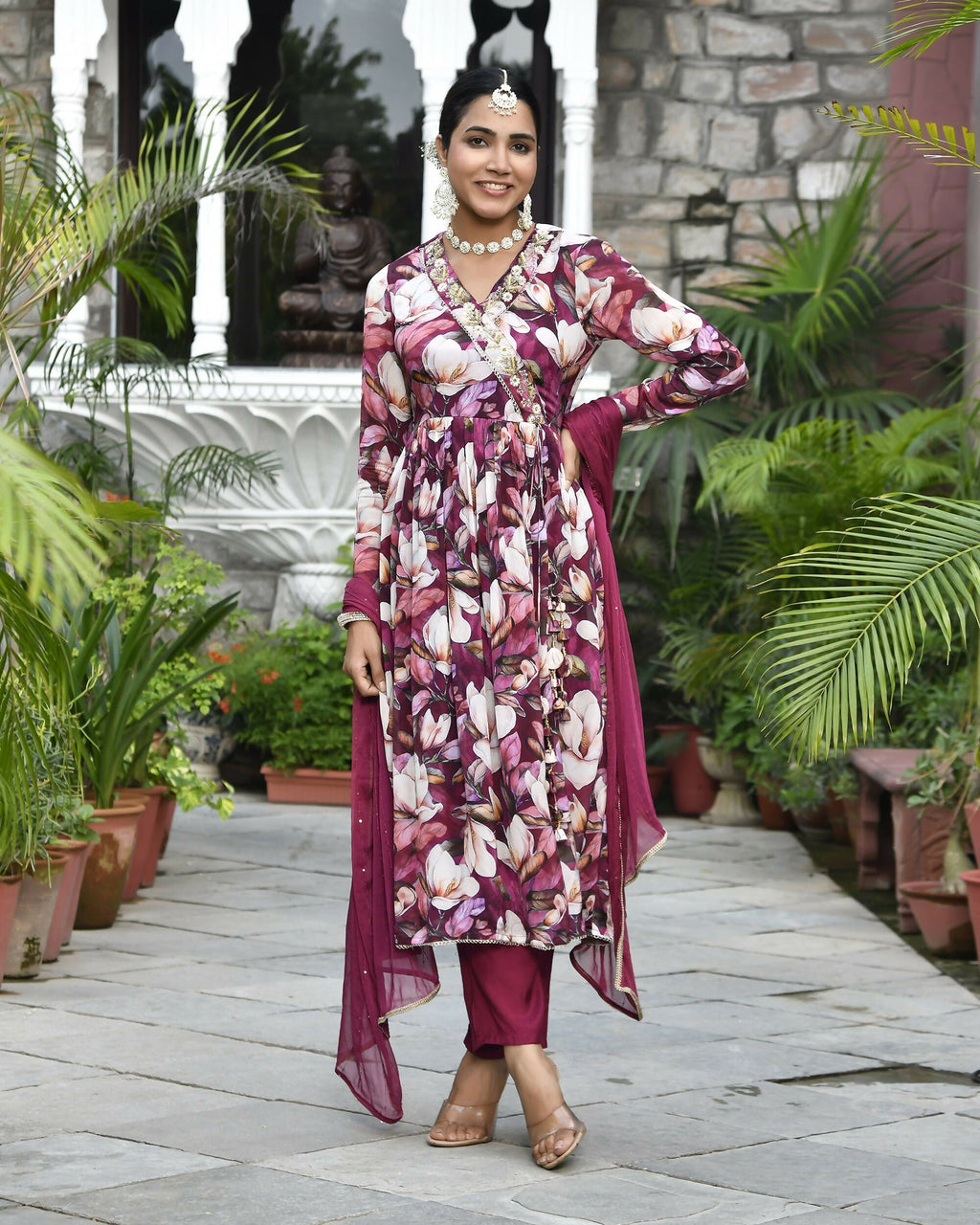Vaasva Women's Chinon Emboidered Angrakha Anarkali Set With Solid Pant & Solid Embroidered Dupatta | Grocsy