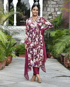 Vaasva Women's Chinon Emboidered Angrakha Anarkali Set With Solid Pant & Solid Embroidered Dupatta | Grocsy