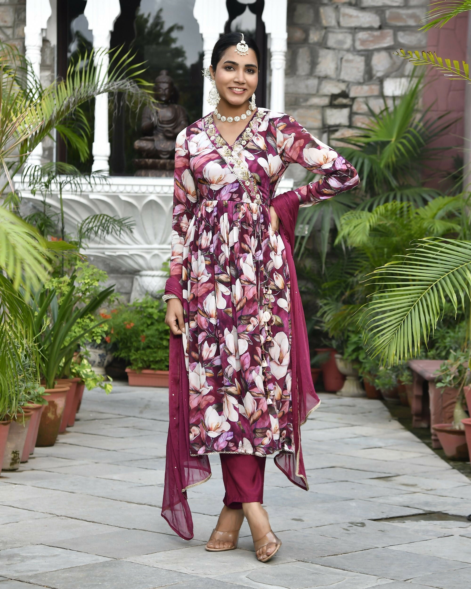 Vaasva Women's Chinon Emboidered Angrakha Anarkali Set With Solid Pant & Solid Embroidered Dupatta | Grocsy