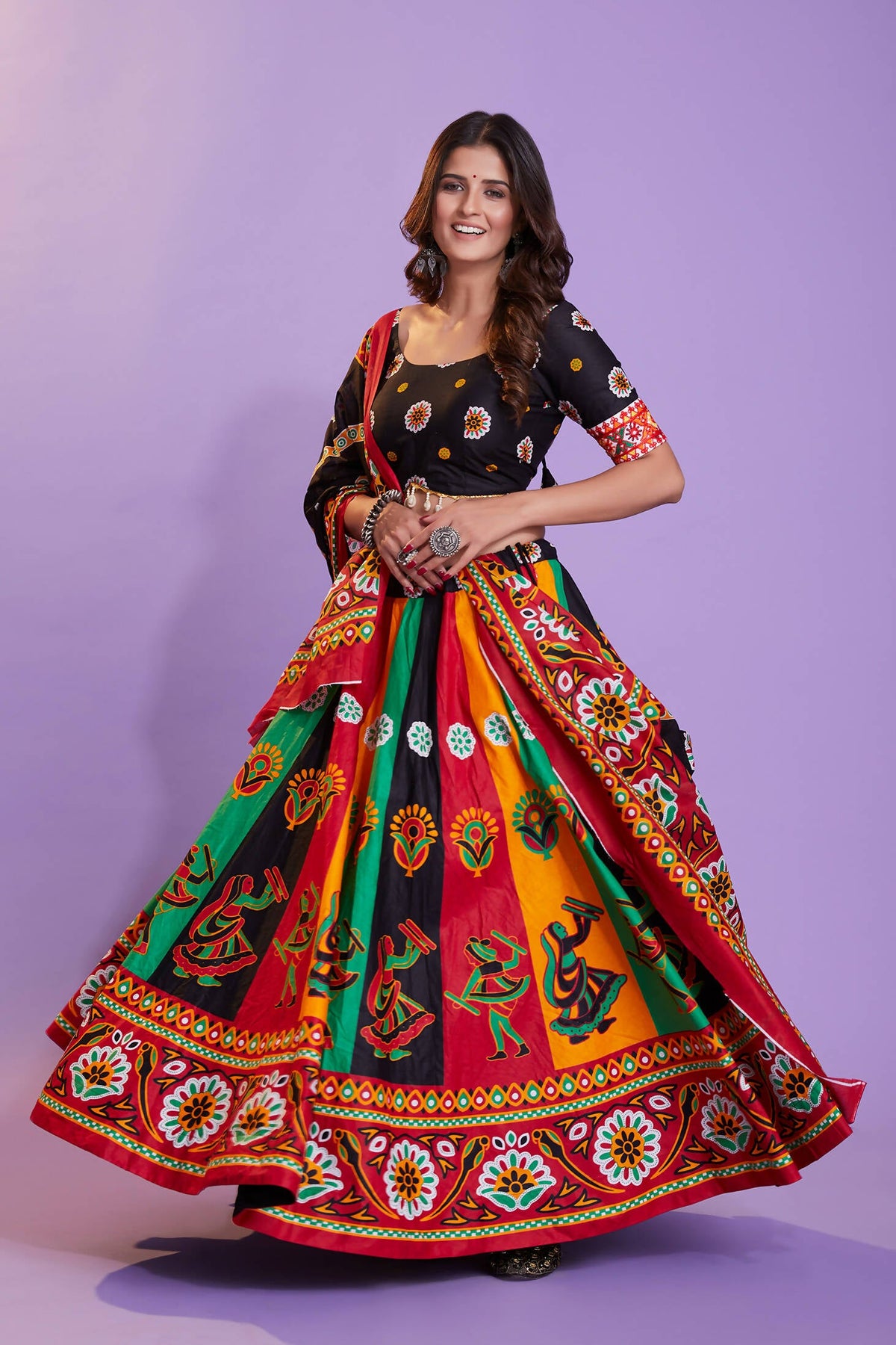 Multi Color Pure Cotton Hand Block Print Navratri Lehenga Choli with Dupatta - Raas | Grocsy