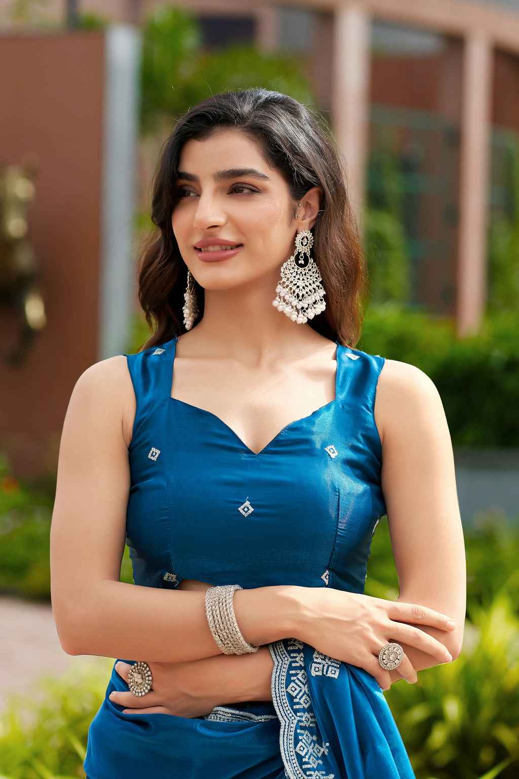 Vastranavya Firozi Embroidery Work Shimmer Chiffon Saree with Unstitched Blouse | Grocsy