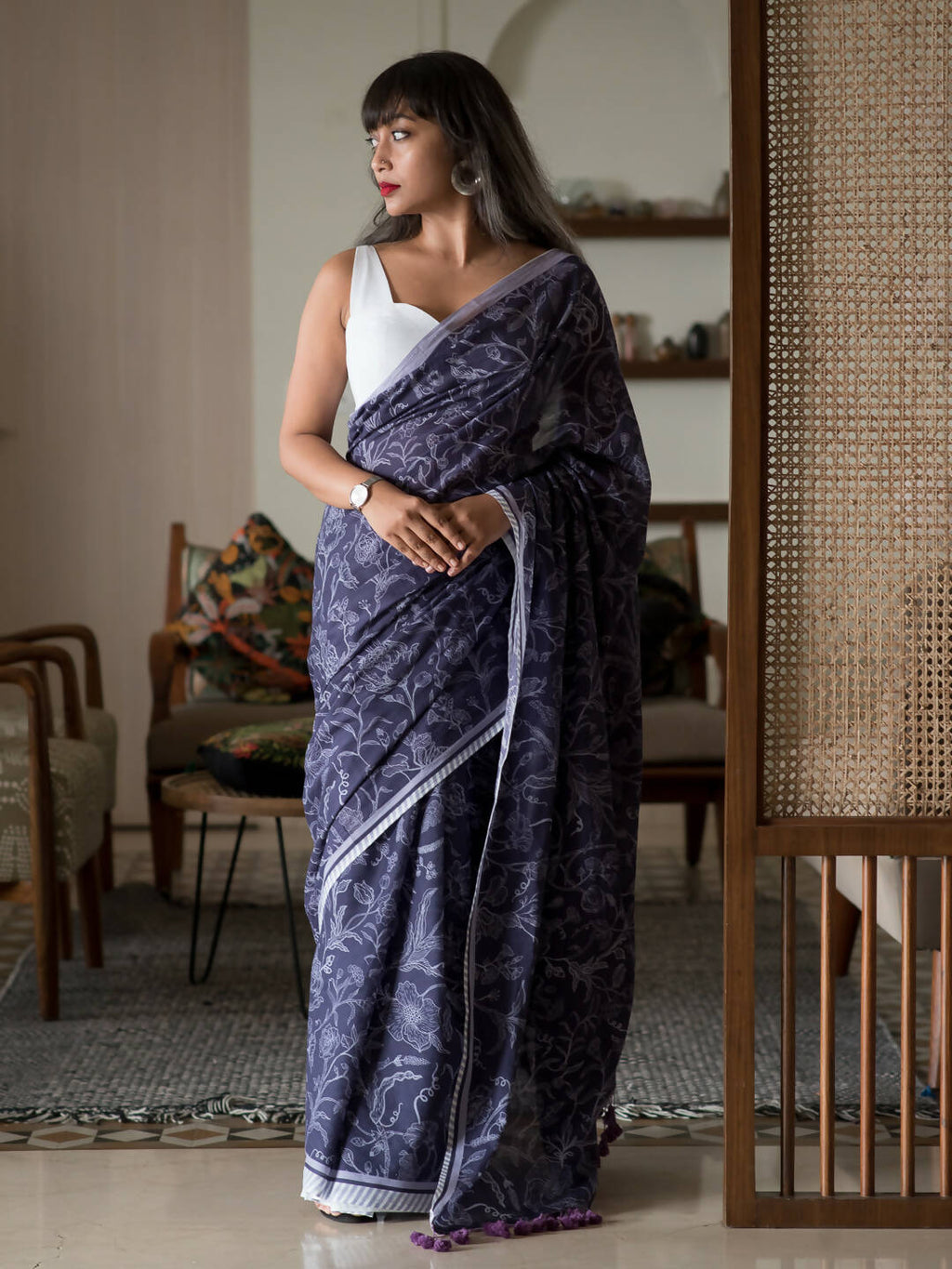 Suta Purple Floral Pure Cotton Saree | Grocsy