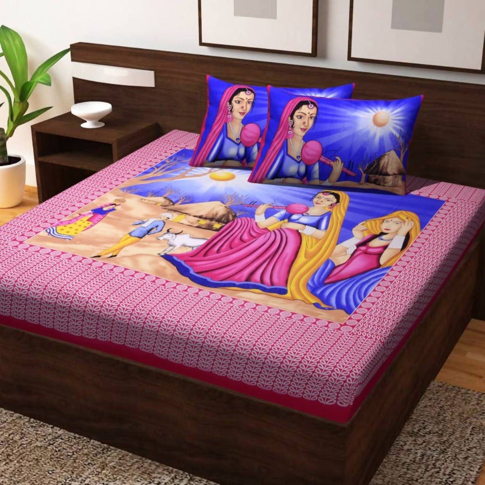 Vamika Printed Cotton Veena Red Bedsheet With Pillow Covers (PM Veena Red) | Grocsy