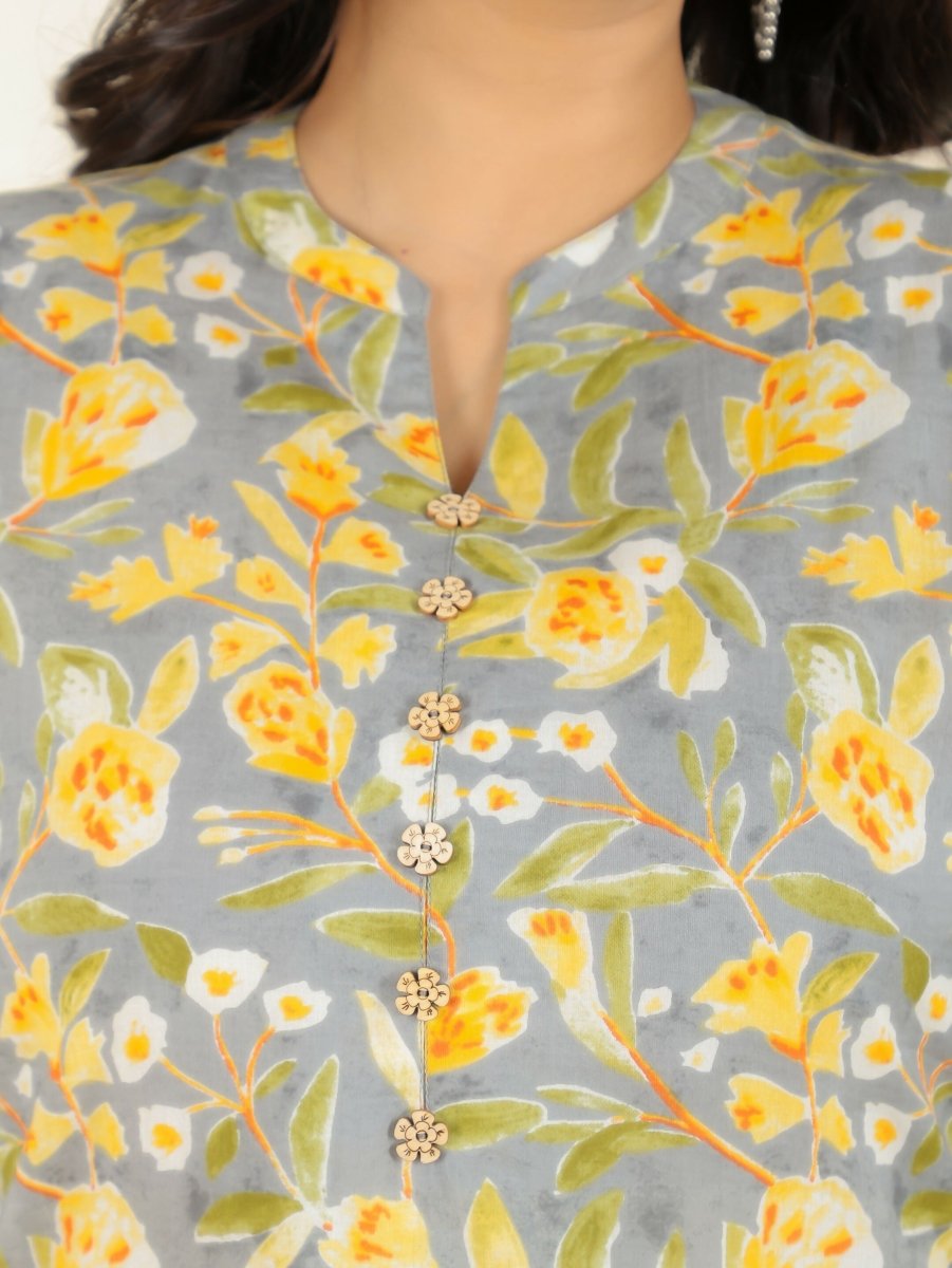 Aramya Straight Soft Cotton Floral Print Women's Kurta Set - Grey | Grocsy