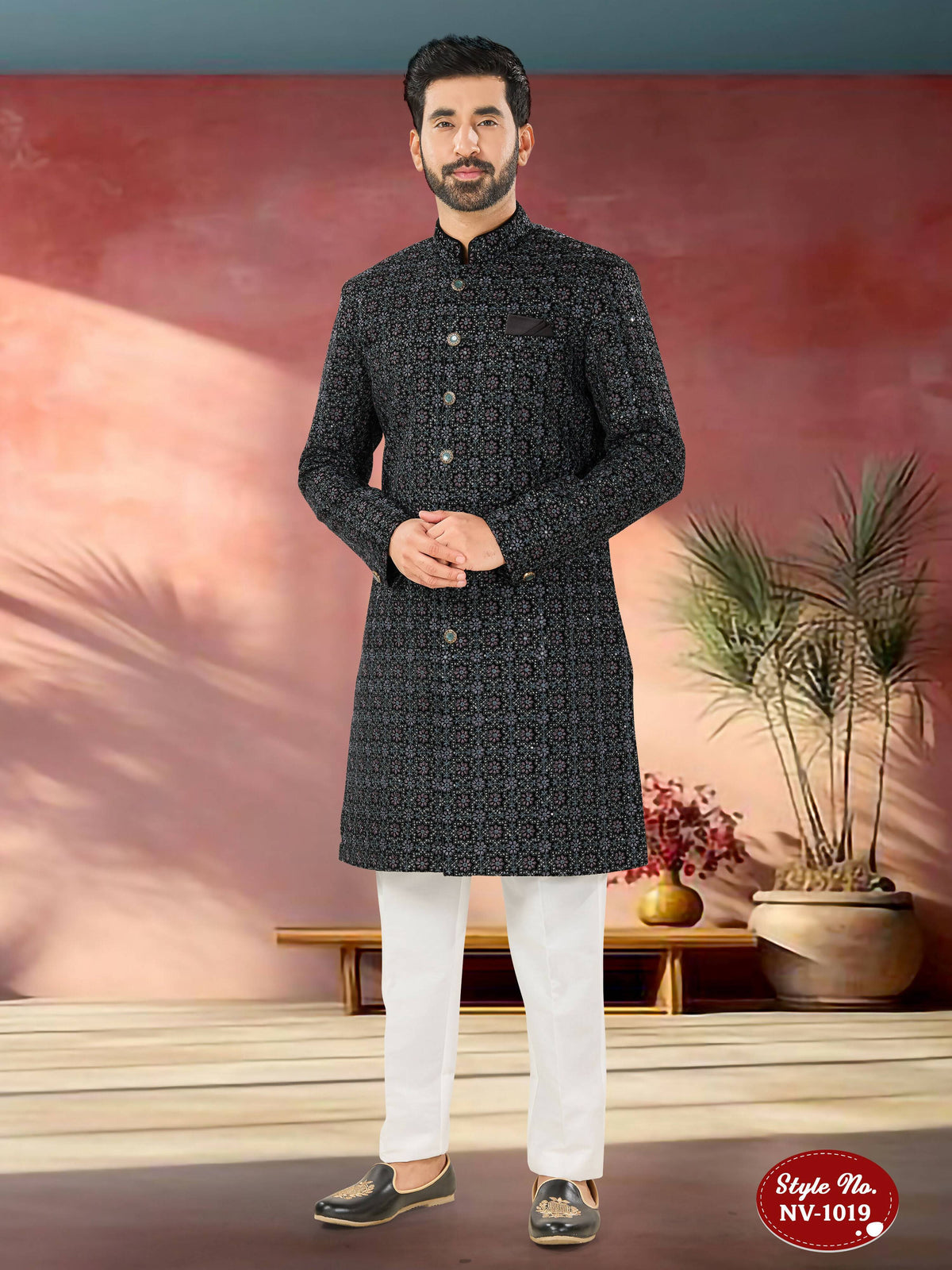 Joban Fashion Men's Blue Base Straight Velvet Thread And Sequence Embroidary All Over Indo-Western Kurta Set | Grocsy