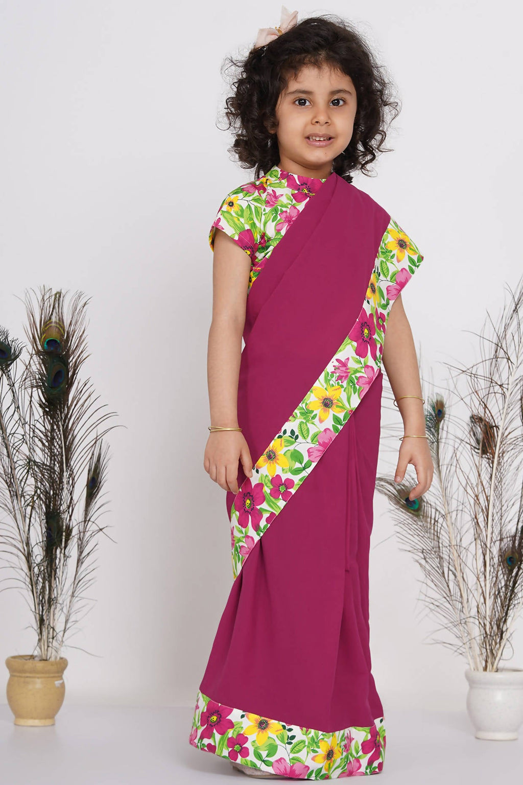 Little Bansi Girls Floral Print Ready to Wear Saree and Floral Blouse - Magenta | Grocsy