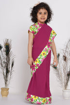 Little Bansi Girls Floral Print Ready to Wear Saree and Floral Blouse - Magenta | Grocsy
