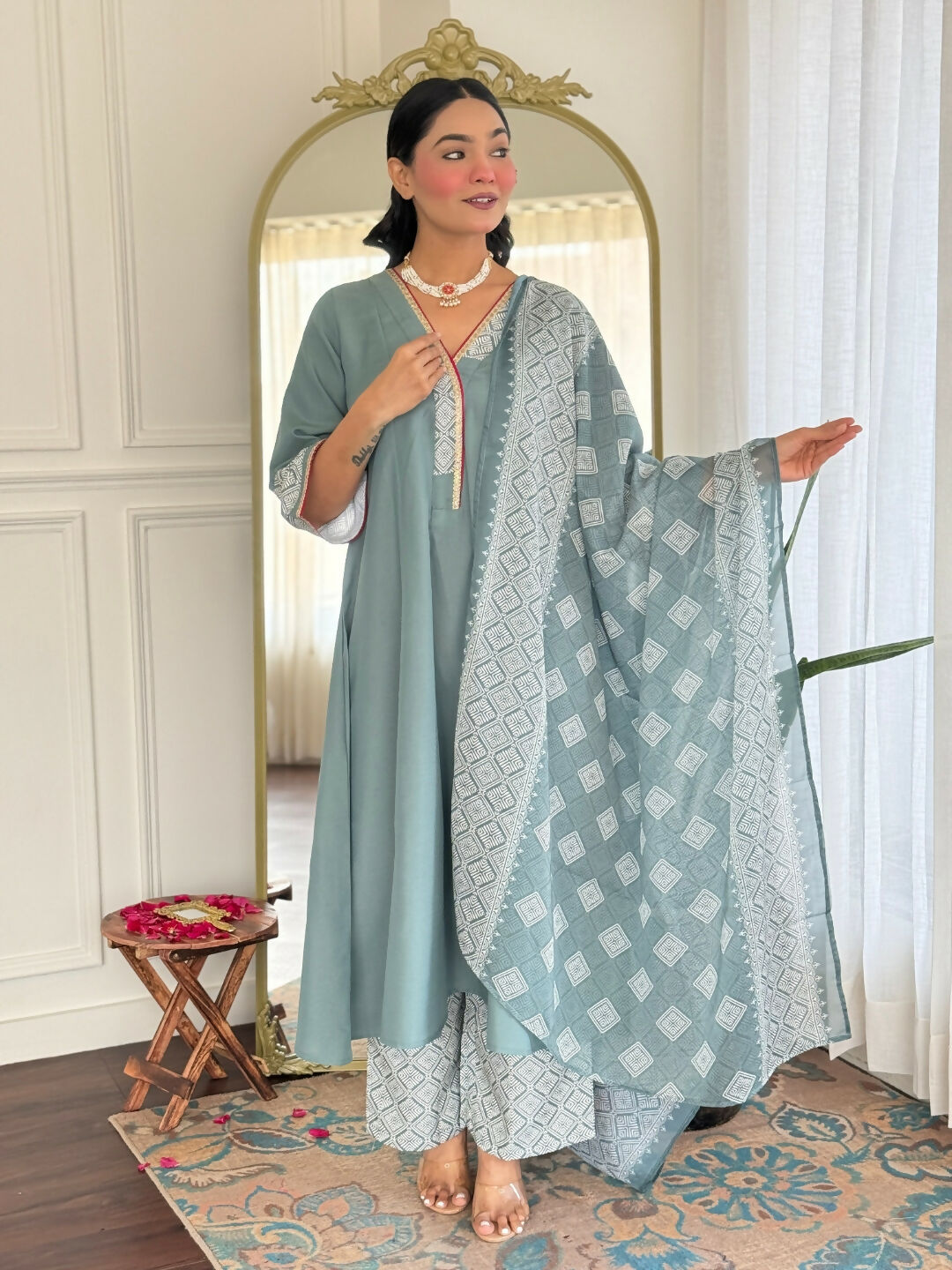 The52 Women's Beautiful Rayon Fabric Embroidery Work A-Line Kurta Pant and Dupatta Set | Grocsy