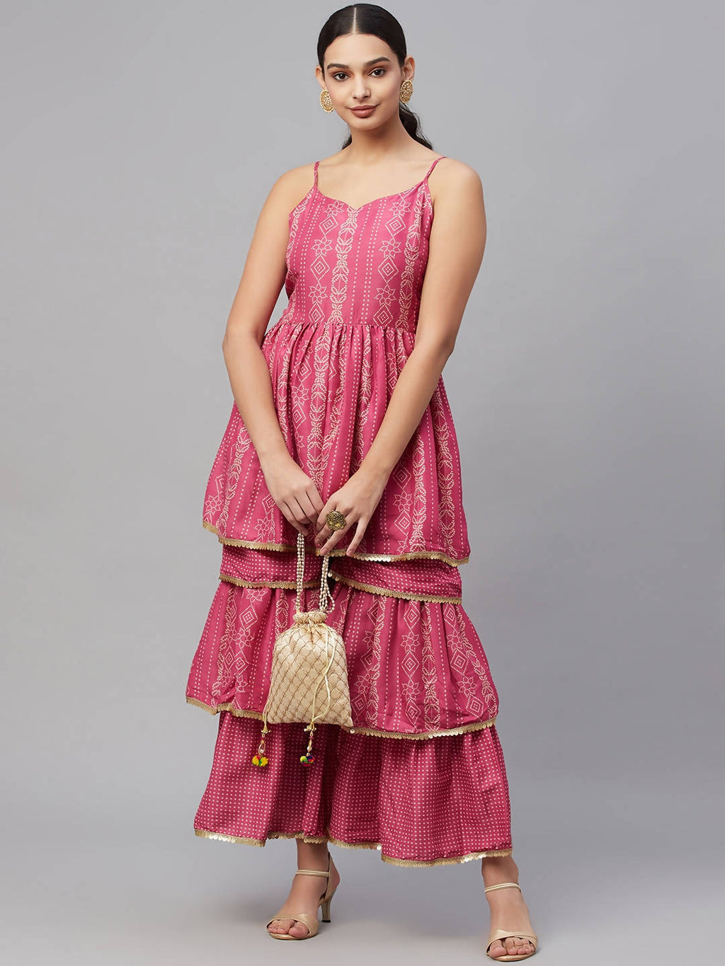 Myshka Pink Printed Sleeveless V Kurti Sharara Set | Grocsy