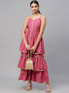 Myshka Pink Printed Sleeveless V Kurti Sharara Set | Grocsy