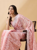 Peach Tissue Slub Embroidered Saree with Unstitched Blouse - Vairagi | Grocsy