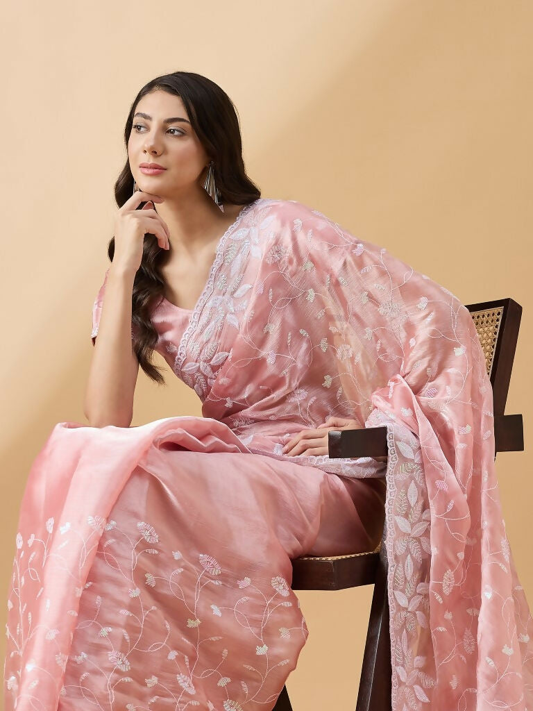 Peach Tissue Slub Embroidered Saree with Unstitched Blouse - Vairagi | Grocsy