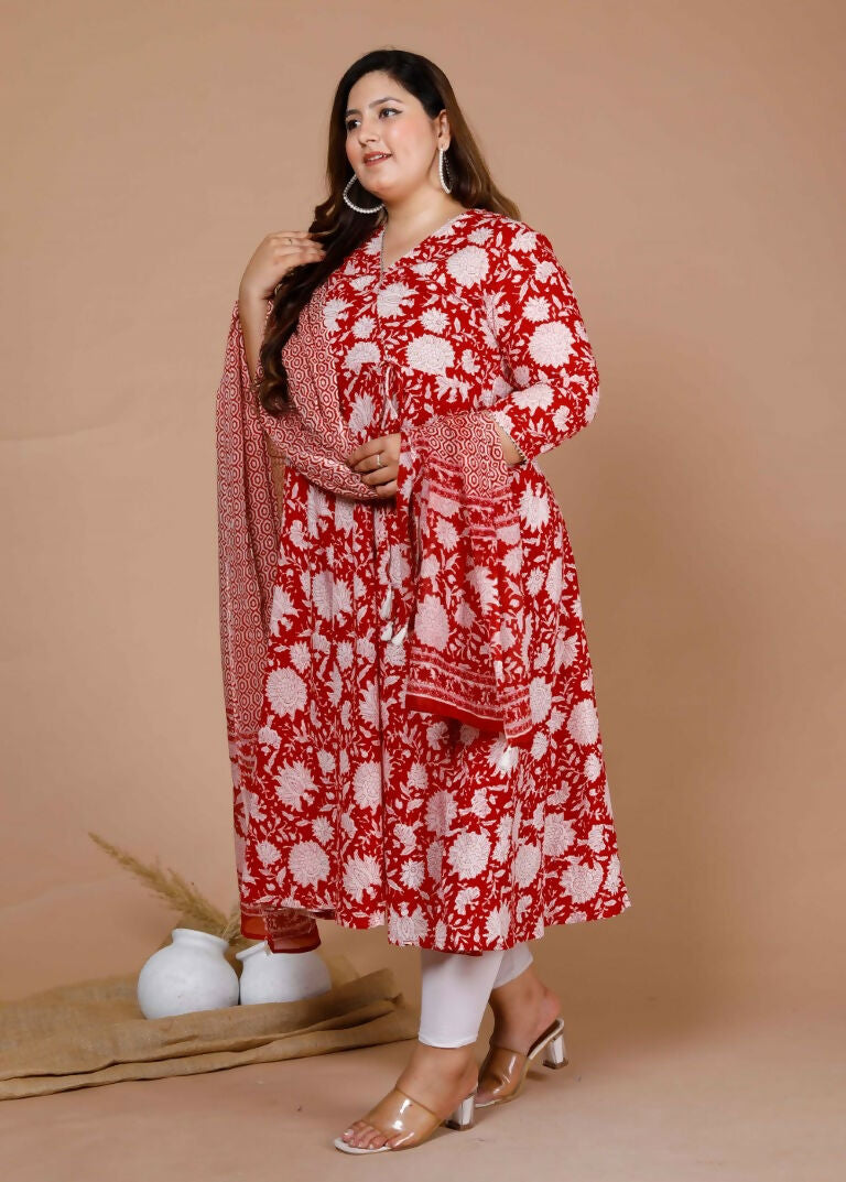 Miravan Women's Plus Size Floral Printed Cotton Anarkali Kurta With Dupatta | Grocsy