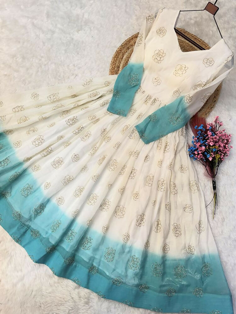 Teeya Creation Sky Blue and White Gradient Anarkali Gown with Gold Floral Motifs | Grocsy