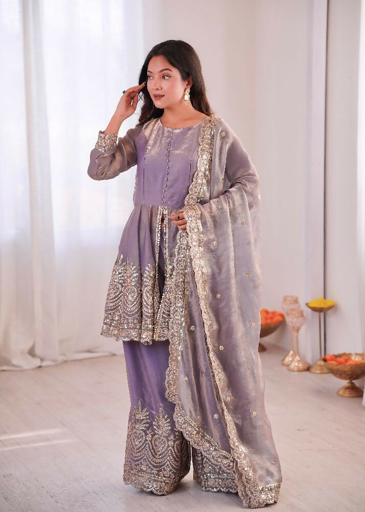 Teeya Creation Lavender Color Fendy Satin Silk Embroidery Work Party Wear Salwar Suit | Grocsy
