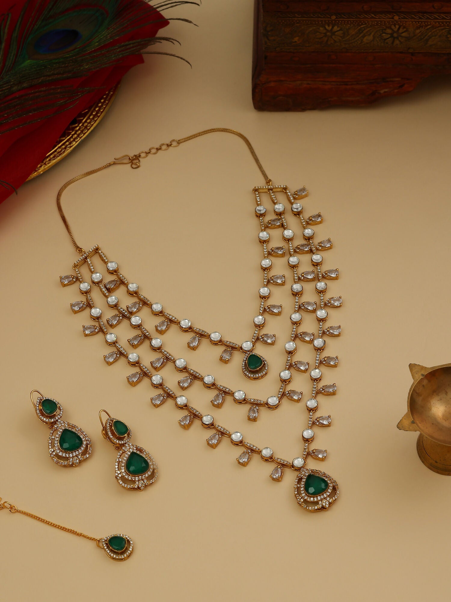 Ruby Raang 22k Gold Polished Layered Kundan And Emerald Necklace With Earrings And Maang Tikka | Grocsy
