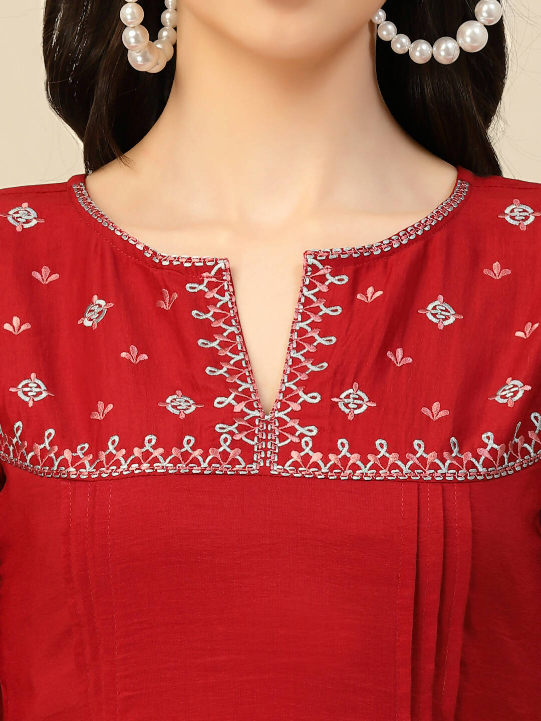 Red Chinon Floral Embroidered Top - Zeny | Grocsy