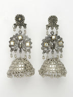NVR Women's Silver Plated Mirror Work Oxidised Contemporary Jhumka Earrings | Grocsy