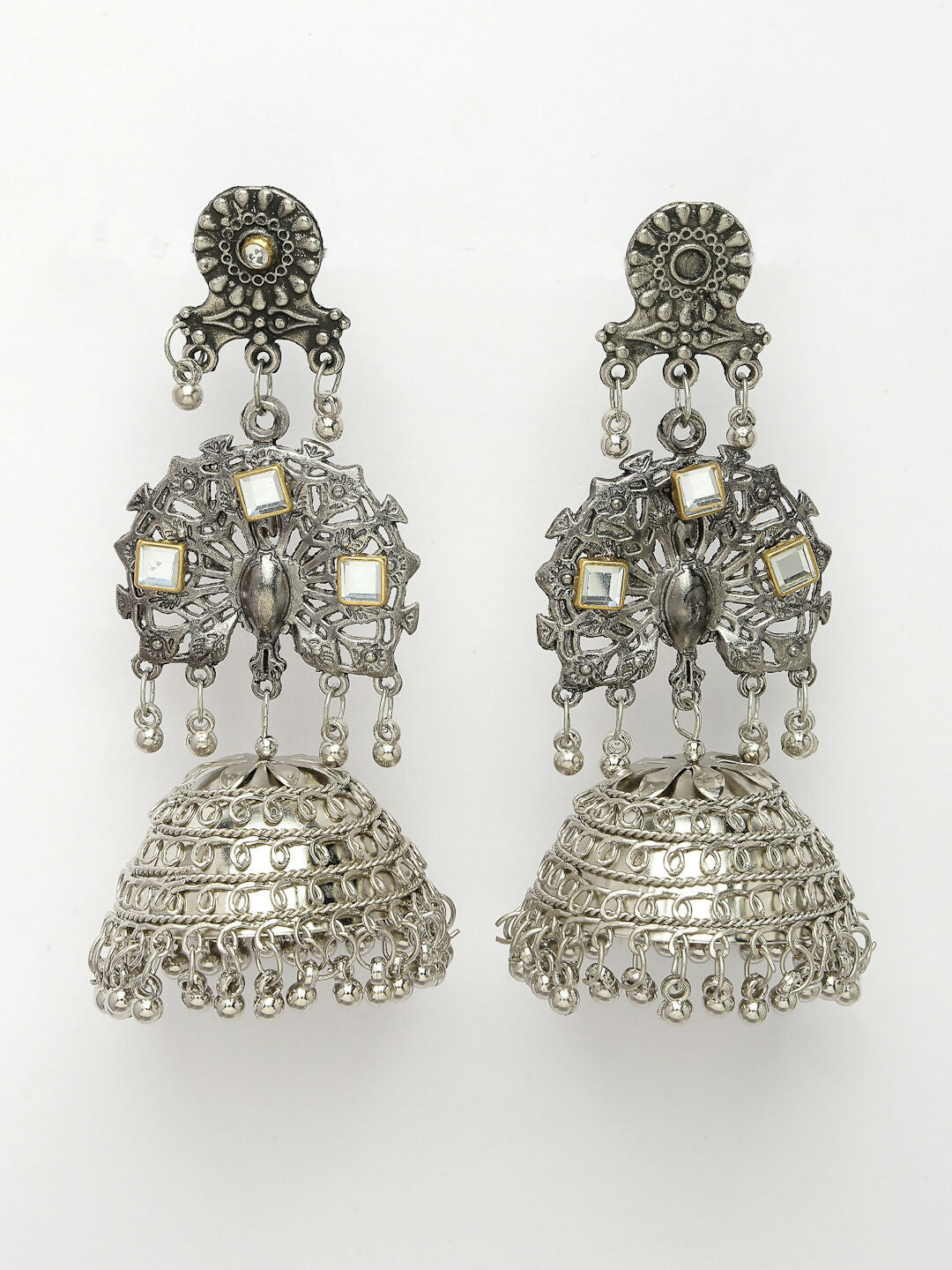 NVR Women's Silver Plated Mirror Work Oxidised Contemporary Jhumka Earrings | Grocsy