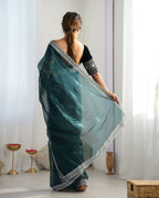 Attrctive Looking Gold Jari, Sequance Embroidery Work Twill Net Party Wear Saree - Rama | Grocsy