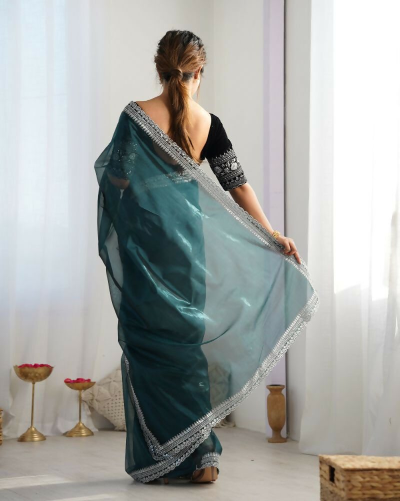 Attrctive Looking Gold Jari, Sequance Embroidery Work Twill Net Party Wear Saree - Rama | Grocsy