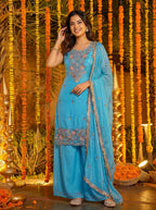 Joban Fashion Blue Silk Embroidered Sharara Set | Grocsy