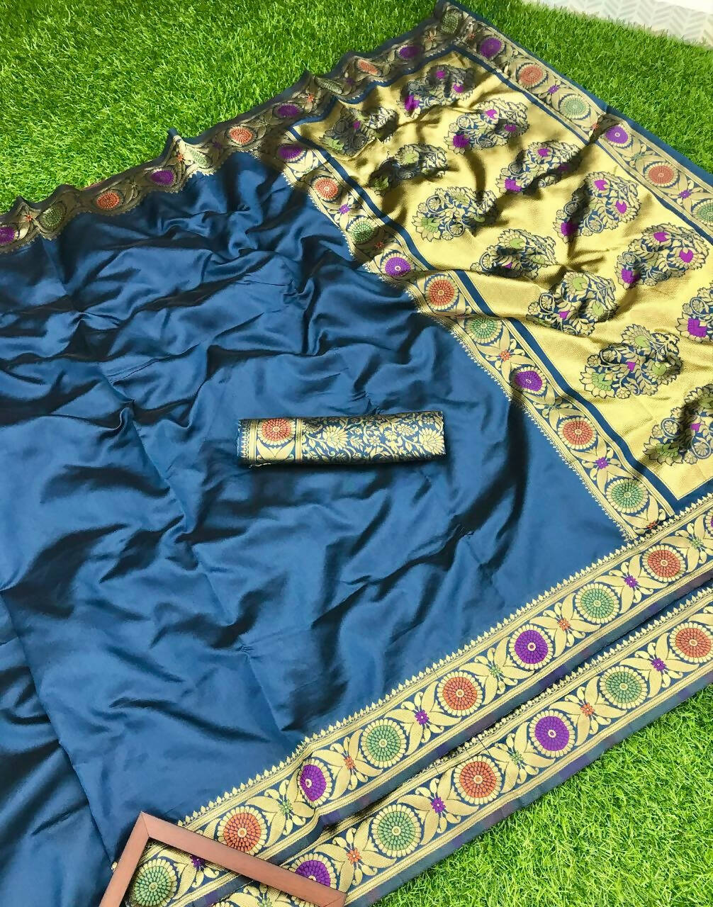 DEIANA'S Beautiful Designer Golden zari Soft Lichi Silk Saree - Blue | Grocsy