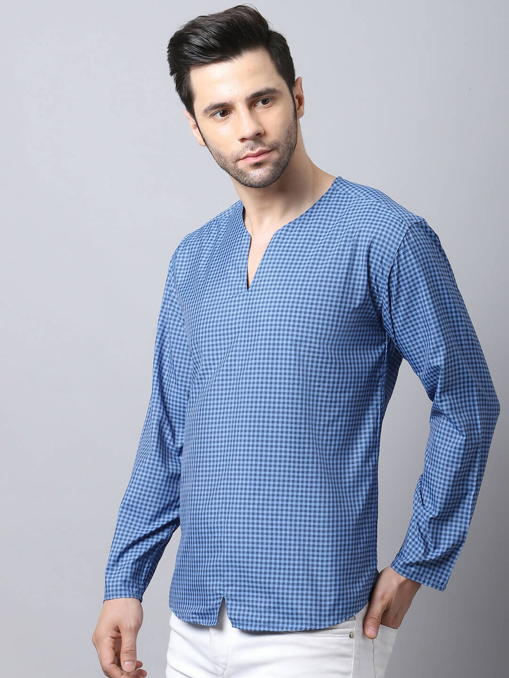 Even Apparels Blue Checked Men's Kurta With Band Collar | Grocsy