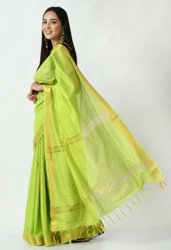Mominos Fashion Moeza Parrot Green Bhagalpuri Handloom Silk Raj Shree Saree with unstitched Blouse piece | Grocsy