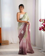 Pista and Wine Crunchy Crush Pedding Color Embroidery Work Party Wear Saree - Zuleika | Grocsy